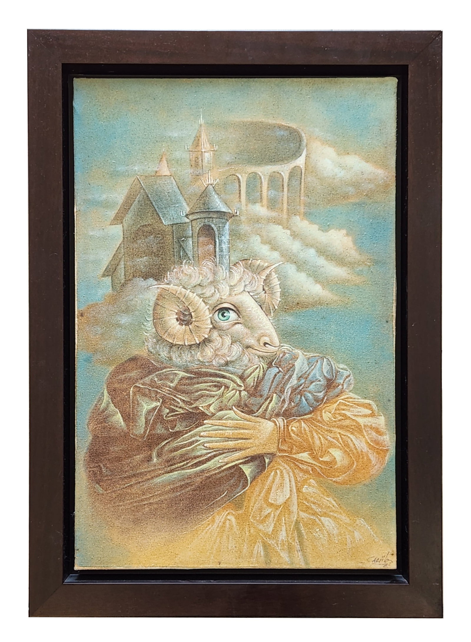 Surrealist Fantasy Portrait with Ram-Headed Figure and Dreamlike Architecture: Surrealist Fantasy Portrait with Ram-Headed Figure and Dreamlike Architecture Oil on Canvas A surreal and imaginative portrait depicting a humanoid figure with the head of a ram, cloaked in richly tex