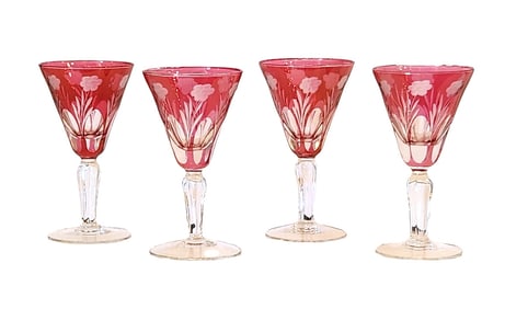 Set of 4 Vintage Bohemian Cranberry Cut to Clear Crystal Wine Glasses