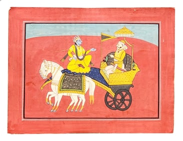 Antique Indian Miniature Painting of Krishna and Arjuna on Chariot, with Script Verso
