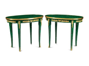 Pair of Louis XV Style Gilt Bronze Mounted Malachite Tables