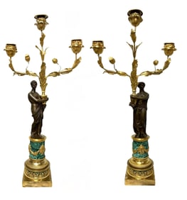 Pair of Directoire Malachite Ormolu and Patinated Bronze Three Light Candelabra