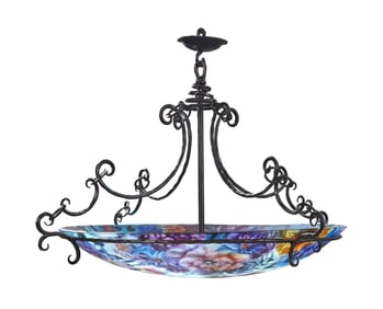 Ulla Darni Signed Hand-Painted Reverse Glass Chandelier with Wrought Iron Frame