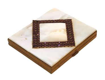 Vintage Art Deco Compact with Mother of Pearl and Purple Rhinestone Inlay