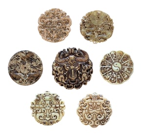 Collection of 7 Carved Chinese Jade or Hardstone Bi Discs with Mythical and Symbolic Motifs