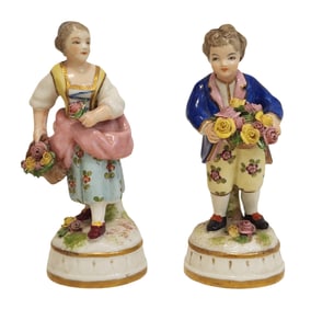 Pair of Porcelain Figurines – Sevres Marked Lady with Flowers & Gentleman Companion