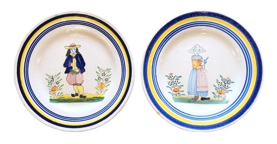 Pair of French Quimper Faience Plates – Breton Figures, Hand Painted