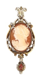 Sterling Silver NH Signed Shell Cameo Pendant with Red Accents – Marked 925