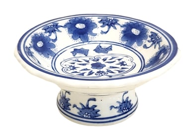 Blue and White Chinese Porcelain Pedestal Dish with Floral Motif, Marked