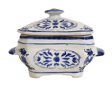 Blue and White Chinese Porcelain Lidded Tureen with Floral Medallions, Marked