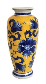 Vintage Chinese Pottery Yellow and Blue Floral Vase