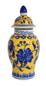 Blue Floral Design on Yellow Chinese Ginger Covered Vase