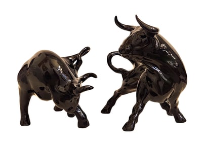 Two Mid Century Ceramic Glossy Fighting Bull Figurine From 1970s