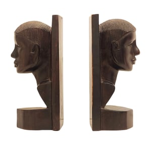 Vintage African Hand Carved Ebony Wood Tribal Bust Bookends Tanganyika Africa