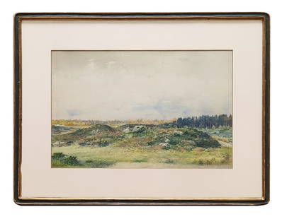 Charles Russell Loomis (1857 - 1936) American: Charles Russell Loomis (1857 - 1936) American Title: Berm in a field with a house in the distance. Watercolor on Paper Measure 10"in H x 15"in W