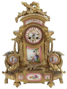French Louis XV Style Ormolu and Porcelain Mantel Clock: French Louis XV Style Ormolu and Porcelain Mantel Clock Measure 17 1/2"in H x 14"in W x 8"in D