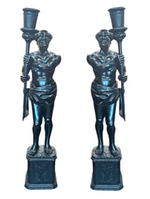 Antique Rare Large Pair of Carved Wood Blackamoor Figures with Crystal Eyes