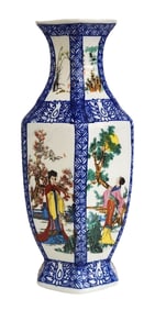 Vintage Ceramic Floral Pottery Vase China Chinese Game Scholar Scene Hexagon