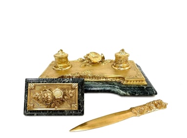 French Gilt Bronze and Marble Three - Piece Desk Set by Albert Marionnet