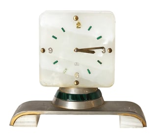 Swiss 8 Days 15 Jewels Marble and Malachite Inlaid Table Clock