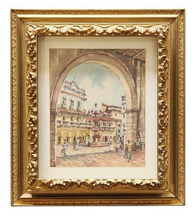 Colin Campbell Cooper (1856 - 1937) American: Colin Campbell Cooper (1856 - 1937) American Watercolor on Paper Measure 10 1/2"in H x 8 1/2"in W and 17 1/2"in H x 15 3/4"in W x 2 1/2"in D framed Known for: City buildings, street scene, floral and