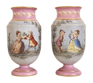 Pair of Hand-Painted French Opaline Glass Vases with Romantic Scenes