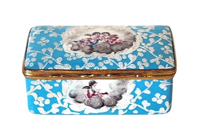 Charming Enamel Snuff Box with Putti and Courting Scene, Possibly 19th Century