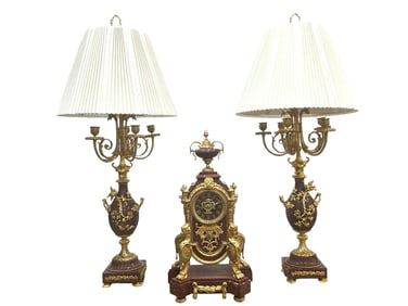 19th Century French Gilt Bronze & Marble Clock Garniture Set with Candelabra Lamps