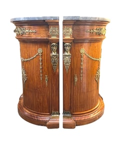 Pair of 19th Century Empire Style Mahogany, Ormolu and Marble Corner Cabinets
