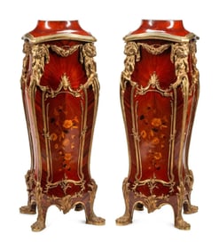 Pair of Louis XV Style Gilt Bronze Mounted Marquetry Pedestals