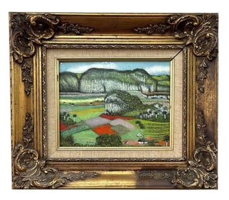 Framed Hand-Painted Porcelain Plaque – Colorful Landscape with Mountains and Fields