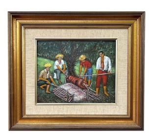 Framed Hand-Painted Porcelain Plaque – Traditional Outdoor Pig Roast Scene
