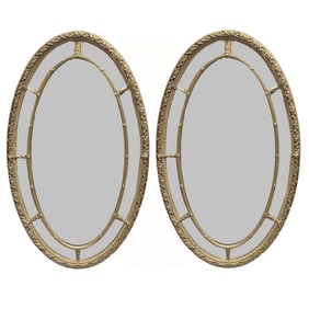 Pair of Vintage Oval Brass Framed Mirrors with Wreath and Ribbon Motif