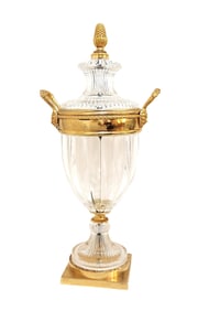 Empire Style Cut Glass and Gilt Bronze Lidded Urn with Satyr Handles