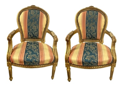 Pair of Louis XVI Style Giltwood Fauteuil Armchairs with Striped Floral Upholstery