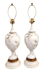 Pair of Vintage White Bisque Porcelain Lamps with Grape Relief and Gilt Accents