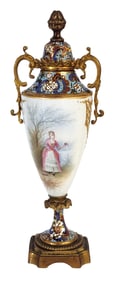 19th Century Sevres Porcelain and Champleve Enamel Urn, Hand-Painted and Signed Lanne