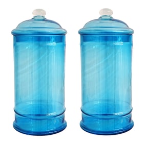 Pair of Large Blue Glass Apothecary Jars with Lids