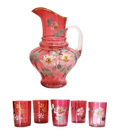 Vintage Pink Hand-Painted Glass Pitcher and Tumbler Set, 6 Pieces