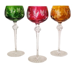 Set of 3 Bohemian Cut-to-Clear Crystal Wine Goblets, Floral Etched
