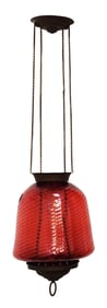 Vintage Cranberry Glass Hanging Pendant Lamp with Ribbed Shade