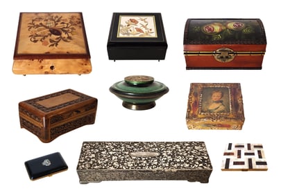 Collection of 9 Vintage & Antique Decorative Boxes – Wood, Enamel, Inlay & More