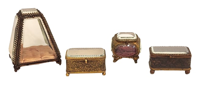 Collection of 4 Antique Glass and Brass Jewelry Casket Boxes
