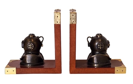 Nautical Diver Helmet Bookends – Brass & Wood, Maritime Decor