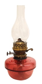 Vintage Red Glass Oil Lamp with Sherwoods Ltd Burner & French Chimney