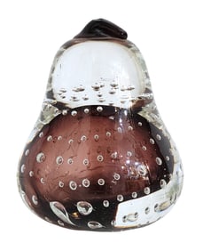 Vintage Hand-Blown Art Glass Pear Paperweight, Controlled Bubbles
