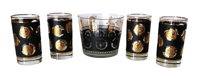 Mid-Century Culver Style 22K Gold Coin Barware Set – 5 Pieces