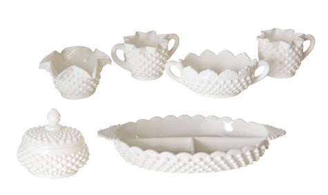 Collection of Vintage White Hobnail Milk Glass Serving Pieces – 7 Pcs