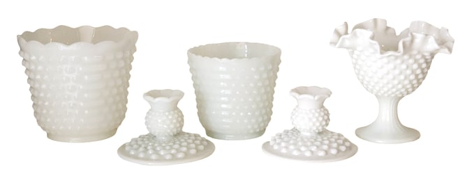 Set of 5 Vintage Fenton Hobnail White Milk Glass Pieces