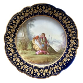 French Sevres Hand-Painted Porcelain Plate with Cobalt Border, Signed Boucher