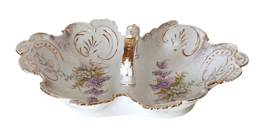 Vintage Handled Porcelain Relish Dish with Lavender Floral and Gilt Accents